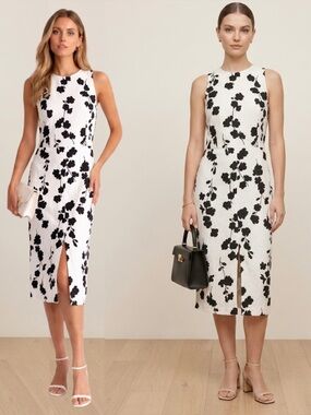 Floral Black White Sheath Peplum Linen Dress Career Wedding Old Money Preppy 0